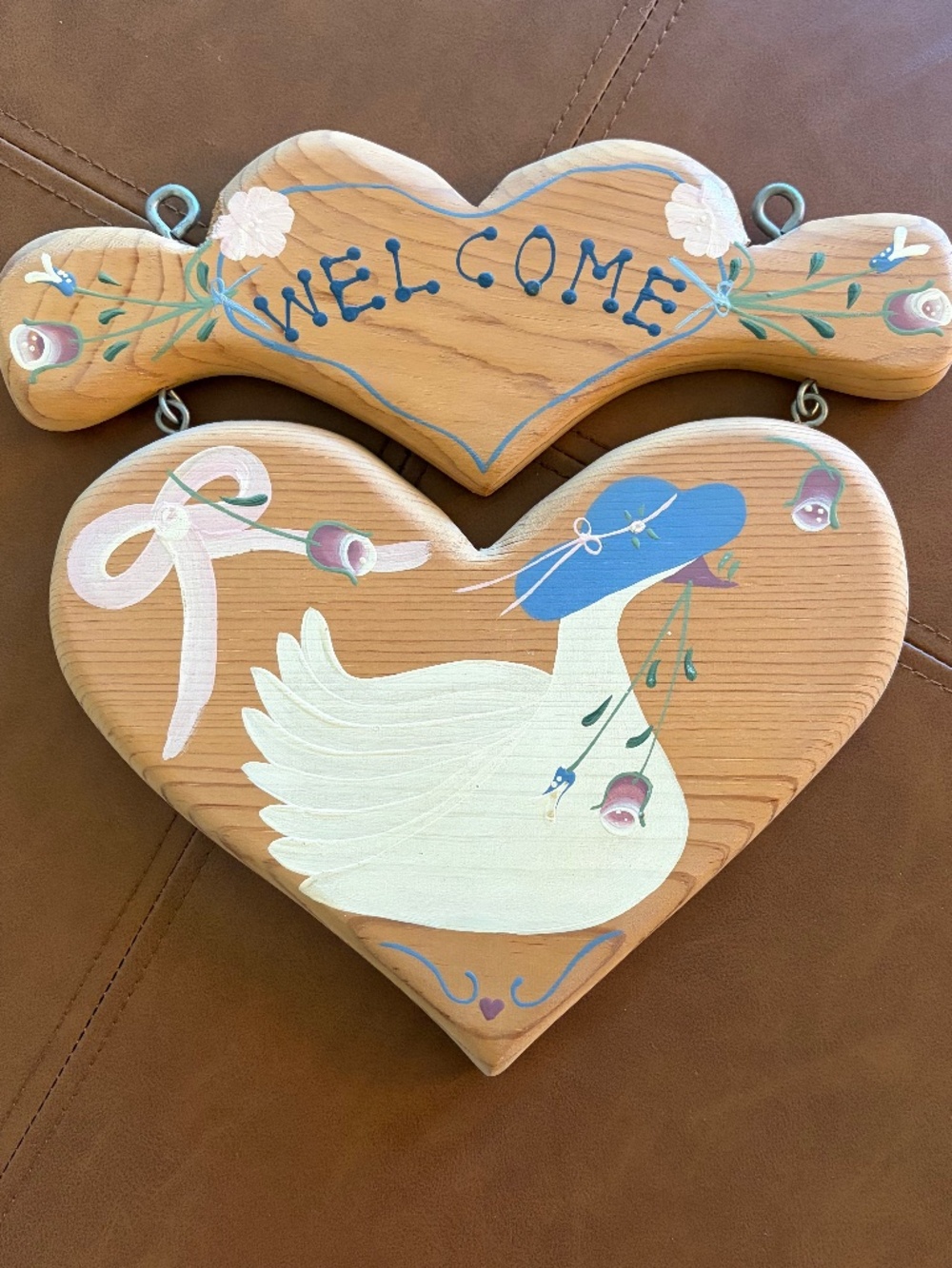 Vintage Hand-Painted Wooden Goose Welcome Sign | Heart-Shaped Country Folk Art